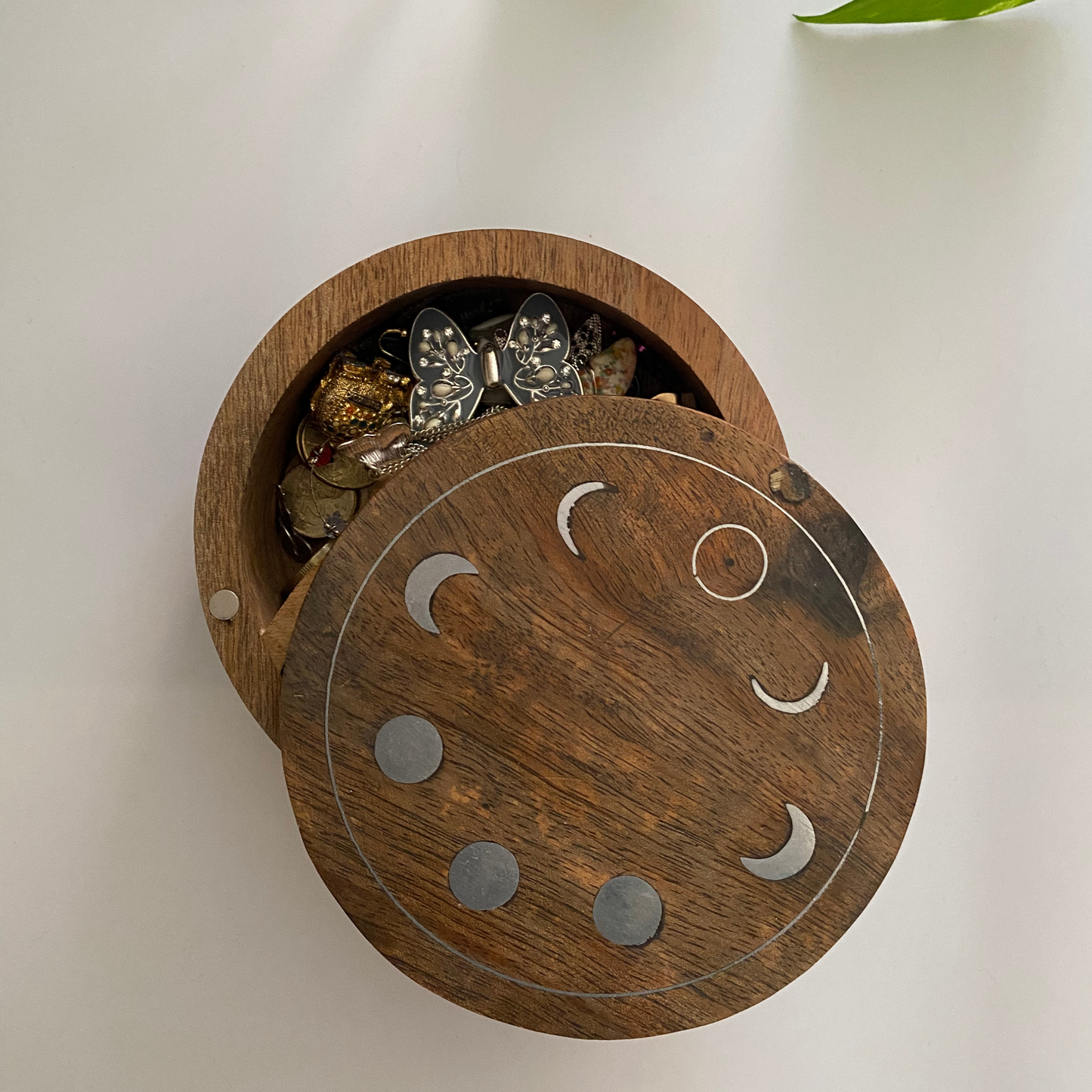 Chandra Kala Moon Phase Round Wood Jewellery Keepsake Storage Box - Aksa