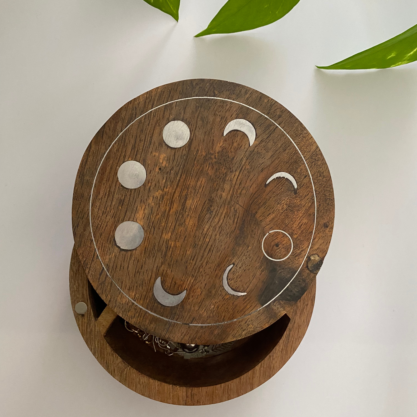 Chandra Kala Moon Phase Round Wood Jewellery Keepsake Storage Box - Aksa