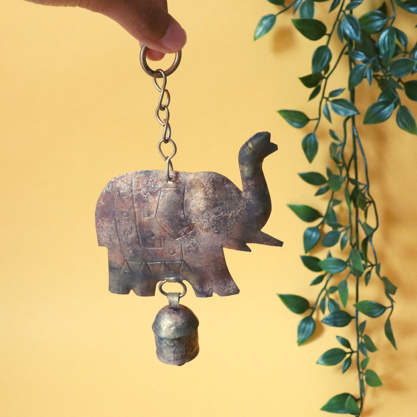 Elephant Decorative Chime with Bell - Rustic, Ethical, Hand-tuned, Recycled Metal - Aksa Home Decor