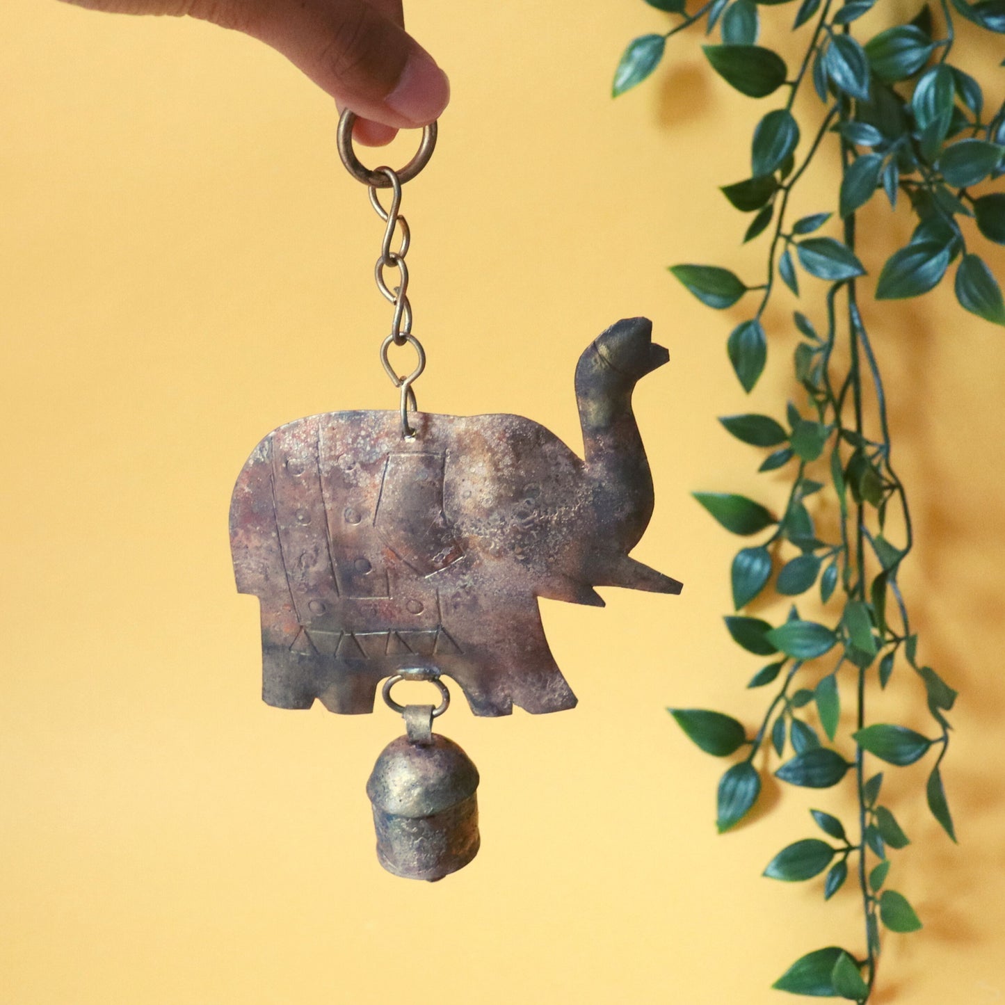 Elephant Decorative Chime with Bell - Rustic, Ethical, Hand-tuned, Recycled Metal - Aksa Home Decor 