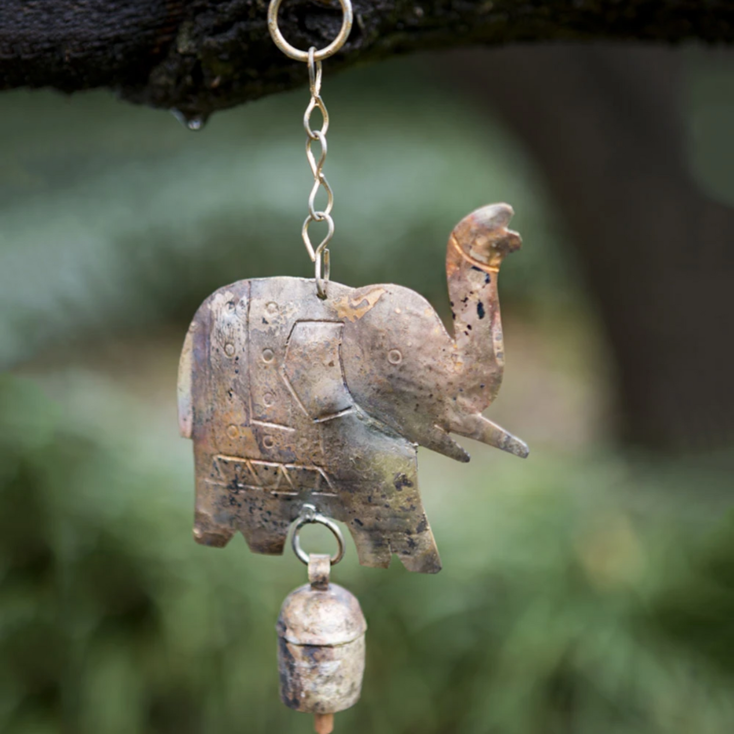 Elephant Decorative Chime with Bell - Rustic, Ethical, Hand-tuned, Recycled Metal - Aksa Home Decor