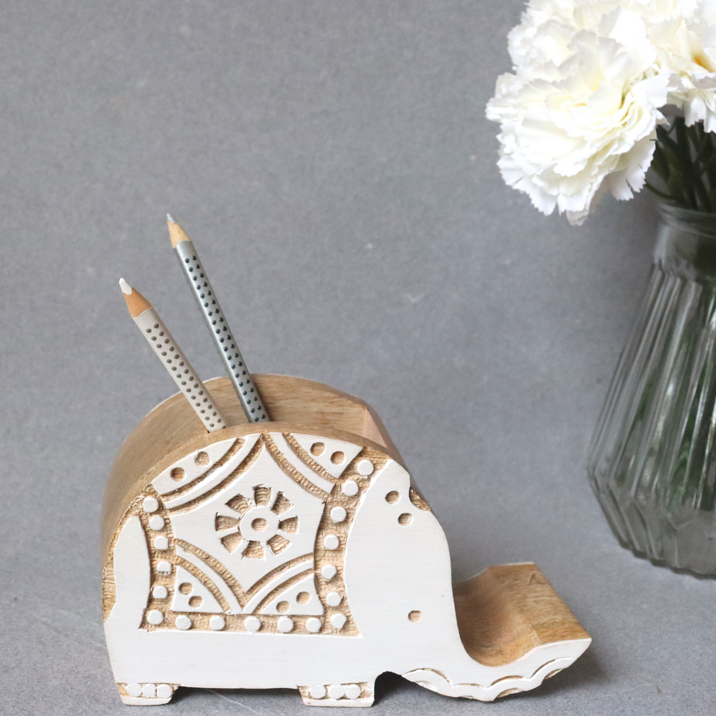 Elephant Pen Stand with Phone Dock - Wood Desk Organiser, Handmade - Aksa Home Decor