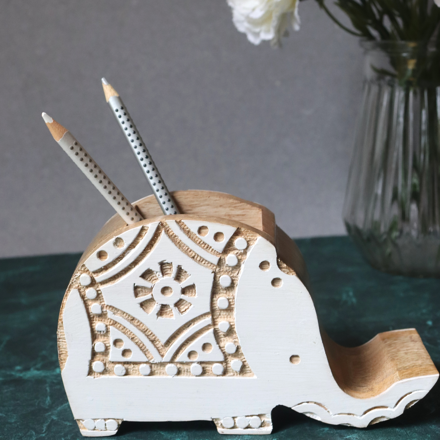Elephant Pen Stand with Phone Dock - Wood Desk Organiser, Handmade - Aksa Home Decor