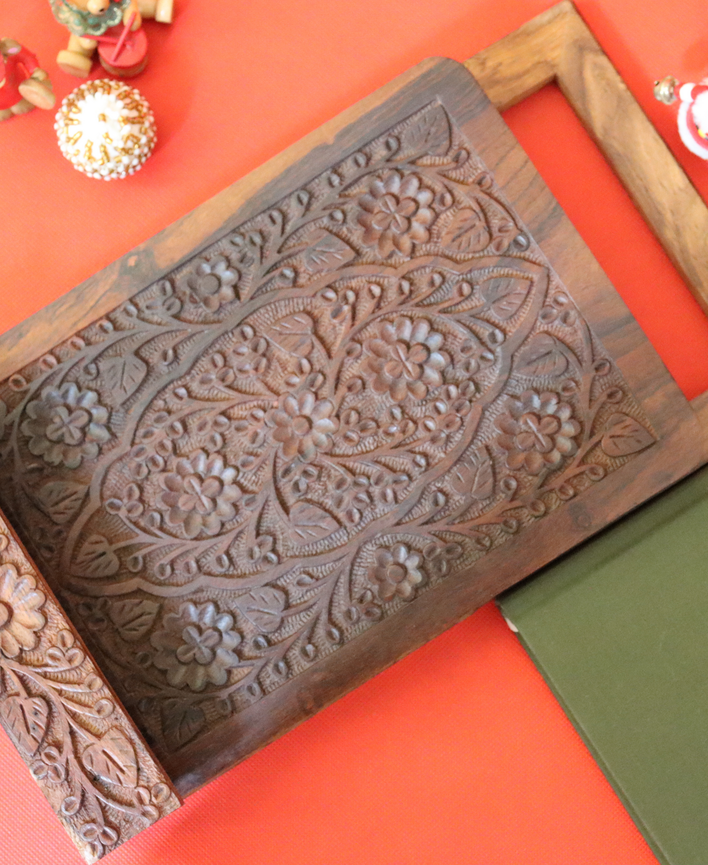 Floral Sheesham Wood Tablet Stand - Holder, Book Rest, Meal Recipe/Notebook Stand, Countertop, Hand Carved - Aksa Home Decor