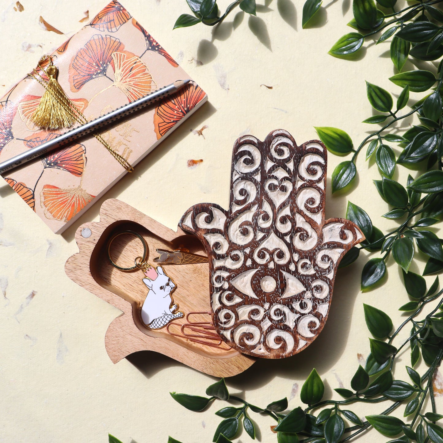 Hamsa Wood Jewellery Storage Box - Trinket Case, Whitewashed - Aksa Home Decor