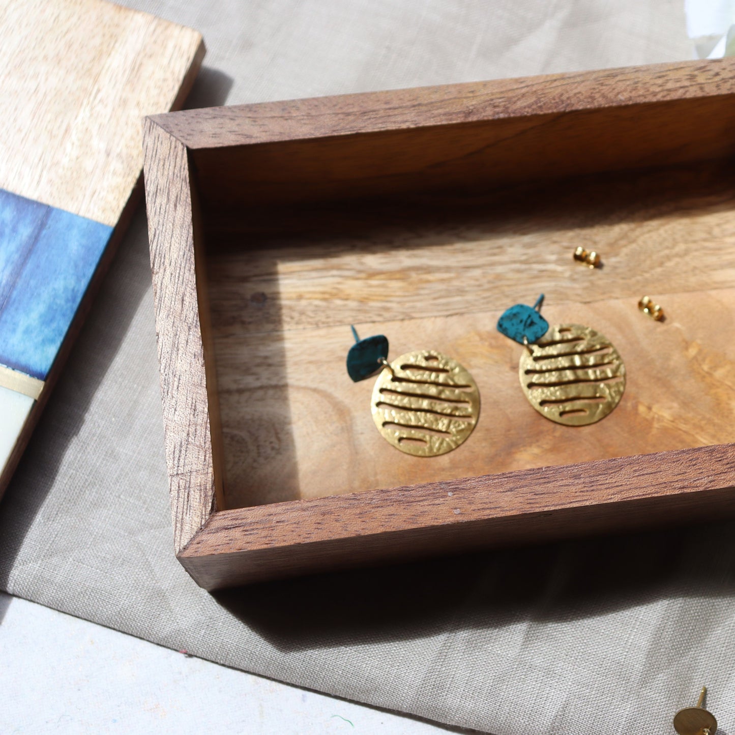 Gold & Teal Coin Brass Drop Earrings - Filigree, Circle, Menka Jewellery - Aksa Home Decor