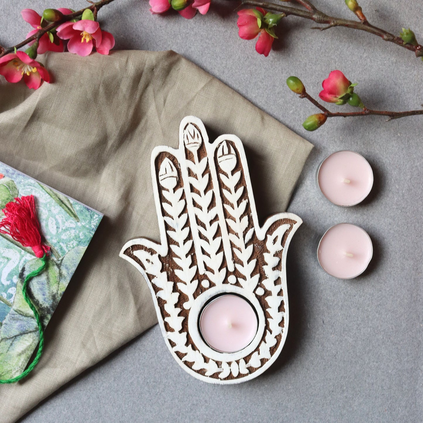 Hamsa Tealight Candle Wood Holder - Whitewashed finish, 18.5 cm, Handcrafted - Aksa Home Decor