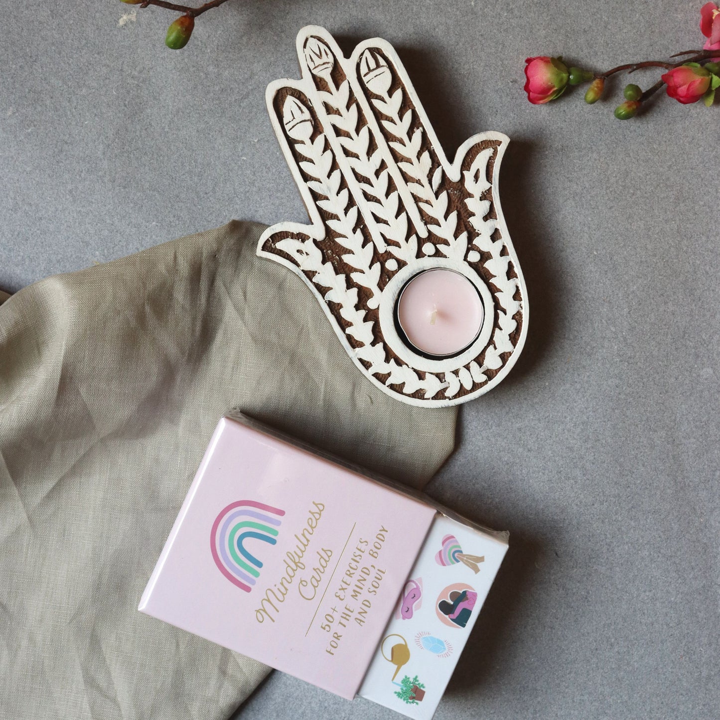 Hamsa Tealight Candle Wood Holder - Whitewashed finish, 18.5 cm, Handcrafted - Aksa Home Decor