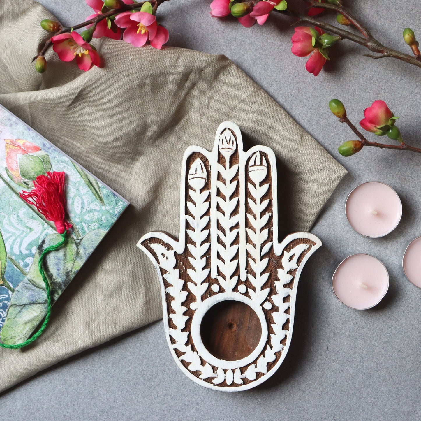 Hamsa Tealight Candle Wood Holder - Whitewashed finish, 18.5 cm, Handcrafted - Aksa Home Decor