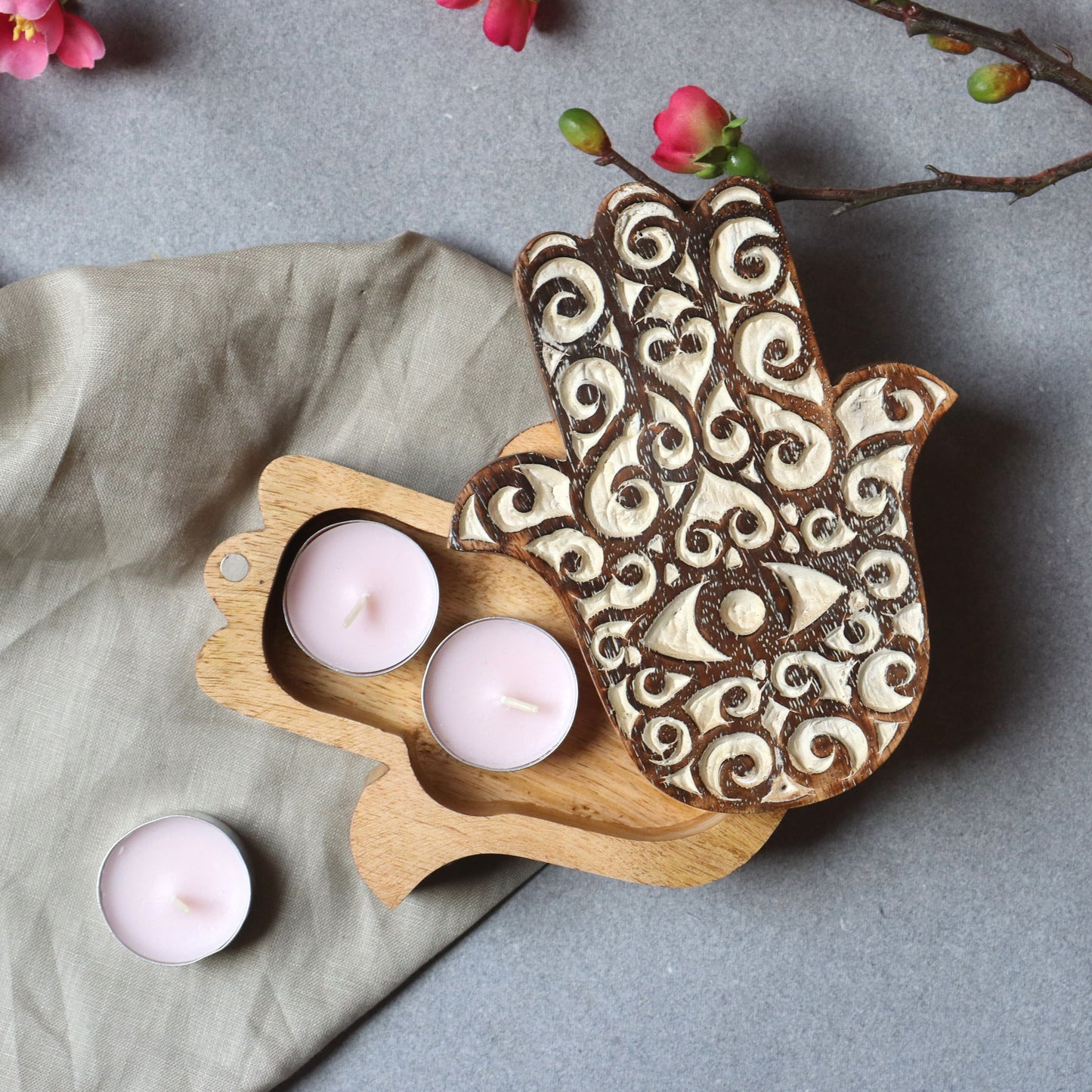 Hamsa Wood Jewellery Storage Box - Trinket Case, Whitewashed - Aksa Home Decor