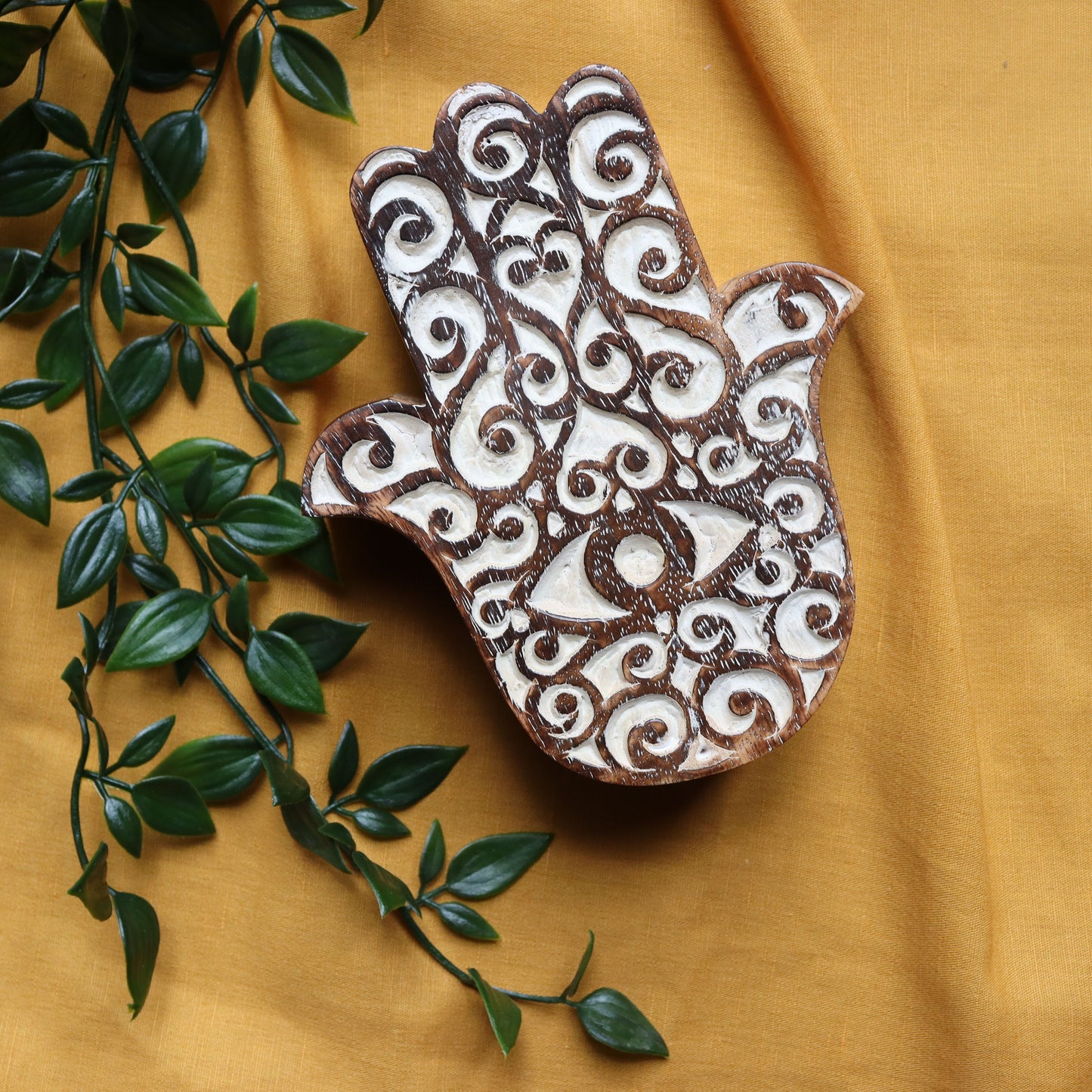 Hamsa Wood Jewellery Storage Box - Trinket Case, Whitewashed - Aksa Home Decor