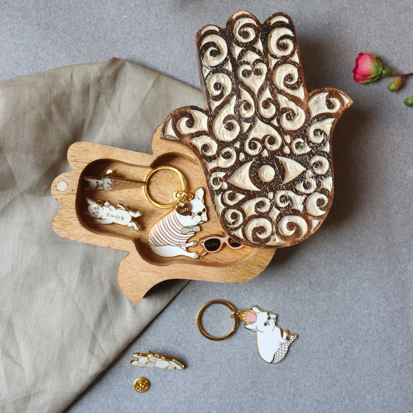 Hamsa Wood Jewellery Storage Box - Trinket Case, Whitewashed - Aksa Home Decor