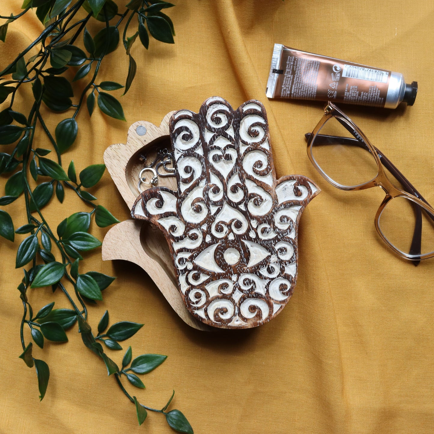 Hamsa Wood Jewellery Storage Box - Trinket Case, Whitewashed - Aksa Home Decor