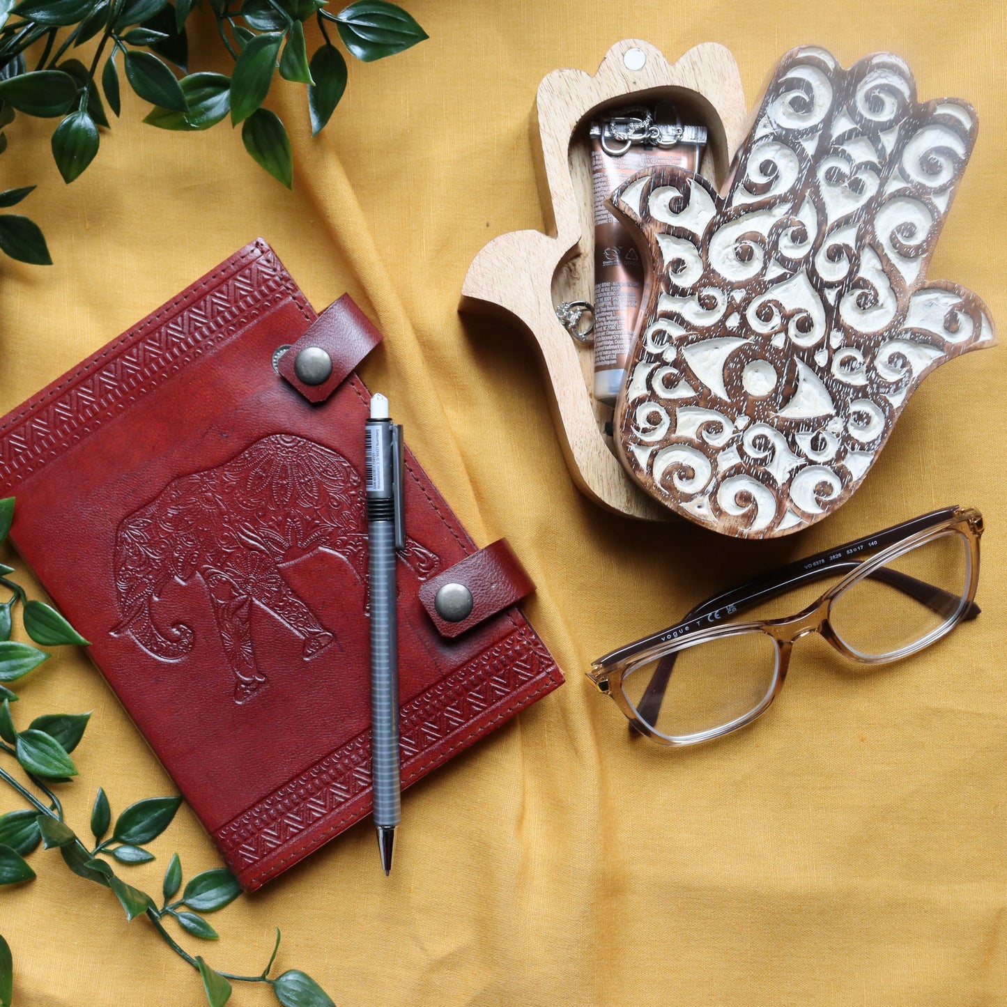 Hamsa Wood Jewellery Storage Box - Trinket Case, Whitewashed - Aksa Home Decor