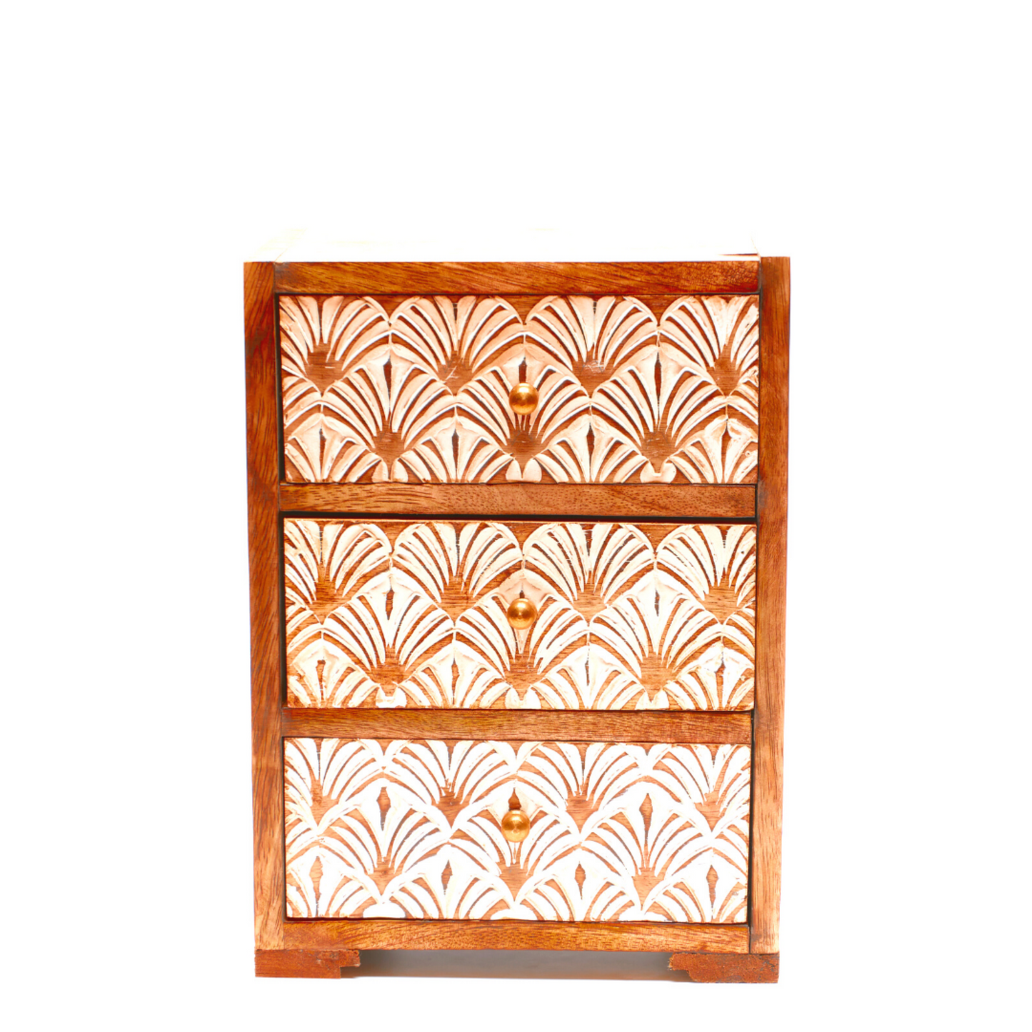 Hand-Carved 3 Drawer Jewellery Chest - Whitewash, Brass Knobs - Aksa Home Decor