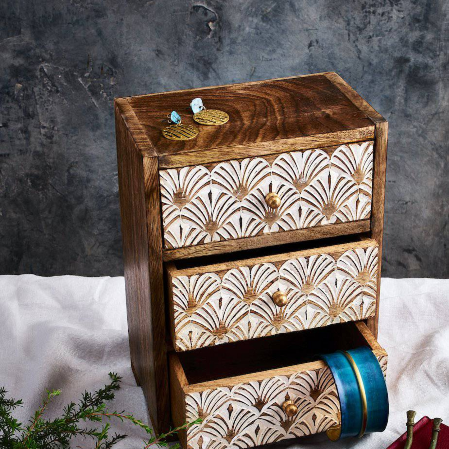 Hand-Carved 3 Drawer Jewellery Chest - Whitewash, Brass Knobs - Aksa Home Decor