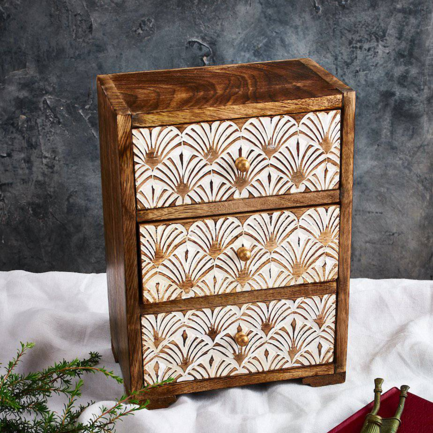 Hand-Carved 3 Drawer Jewellery Chest - Whitewash, Brass Knobs - Aksa Home Decor