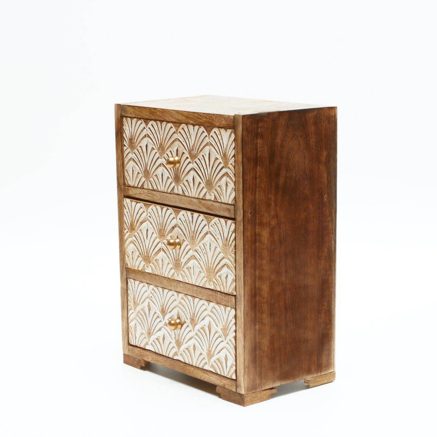 Hand-Carved 3 Drawer Jewellery Chest - Whitewash, Brass Knobs - Aksa Home Decor