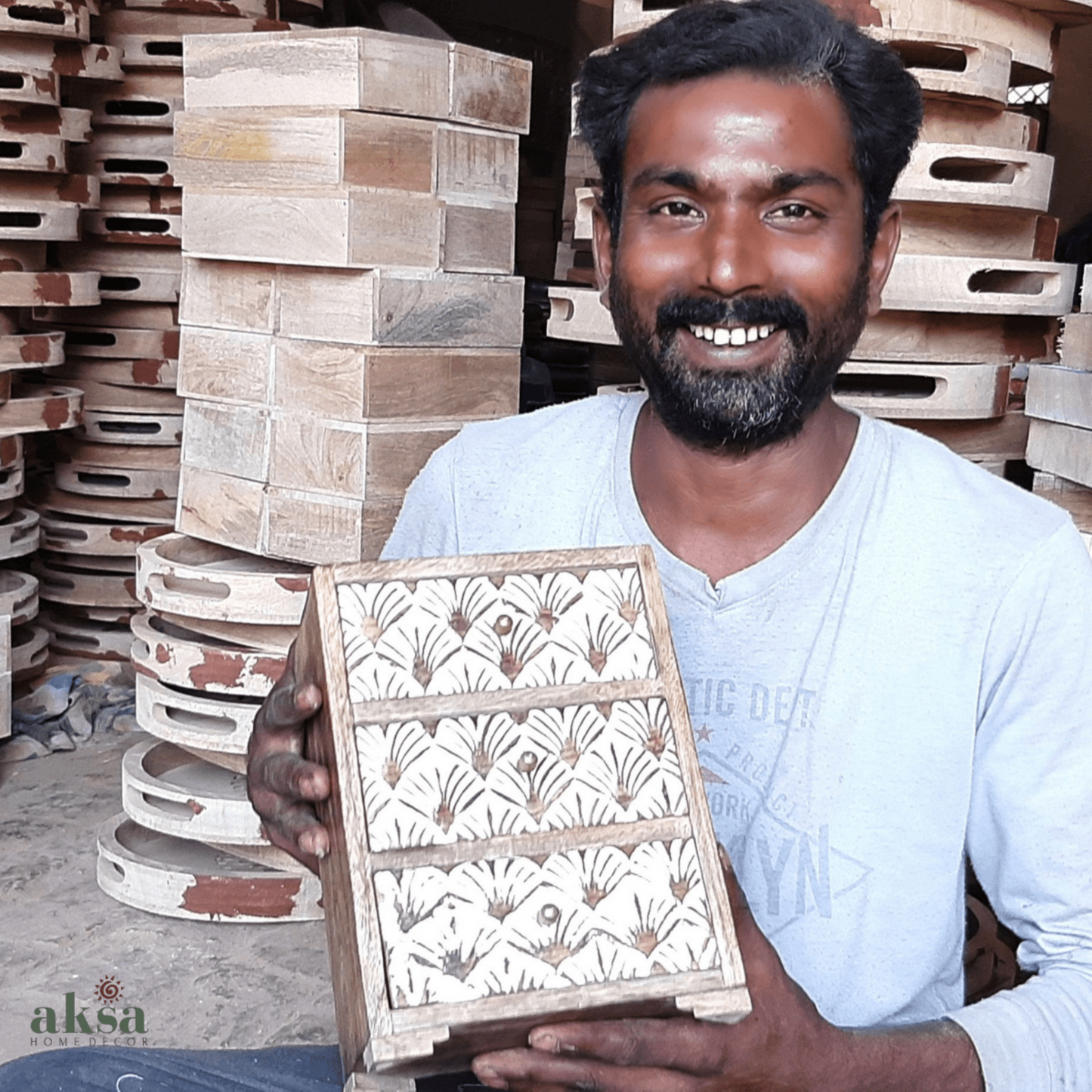 Hand-Carved 3 Drawer Jewellery Chest - Whitewash, Brass Knobs - Aksa Home Decor