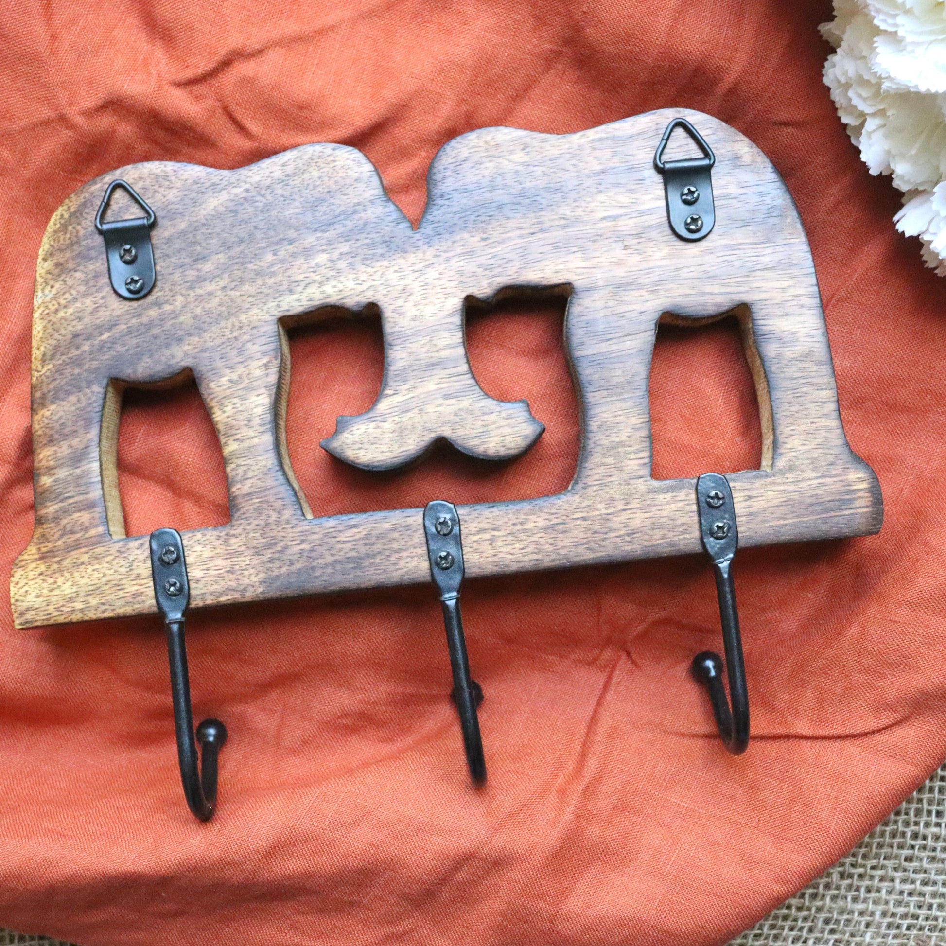 Hand-carved Elephant Hook - 3 Black Metal Hanger, Wall Mounted, Mango Wood - Aksa Home Decor