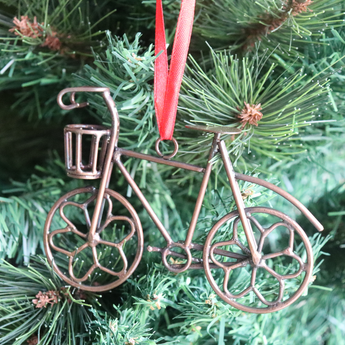 Handmade Bicycle Ornament - Red Ribbon, Bike with Basket, Xmas Decor - Aksa Home Decor