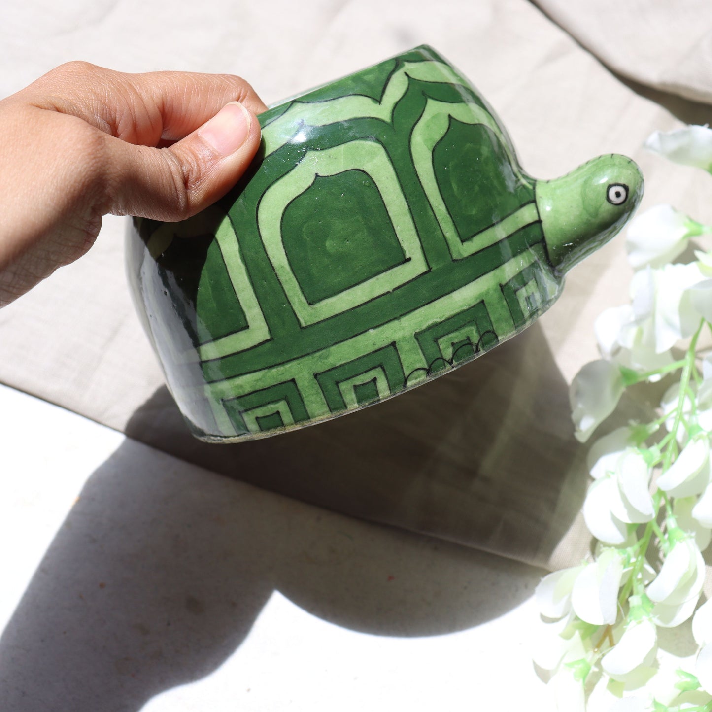 Handmade Pottery Turtle Planter Pot - Green Colour with Drainage - Aksa Home Decor