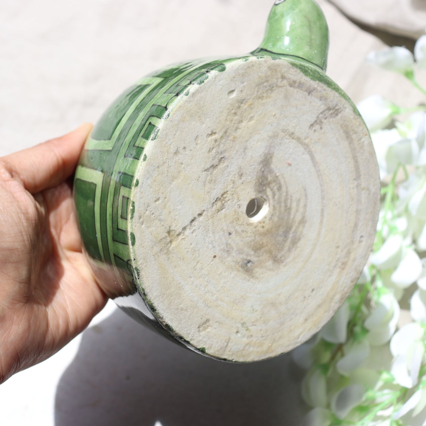 Handmade Pottery Turtle Planter Pot - Green Colour with Drainage - Aksa Home Decor