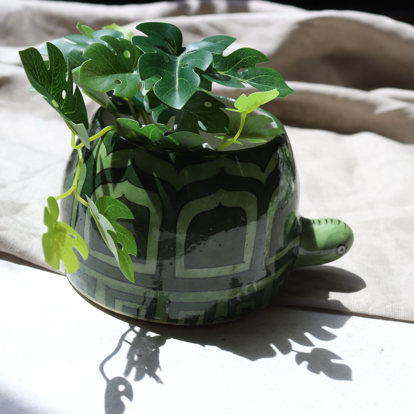 Handmade Pottery Turtle Planter Pot - Green Colour with Drainage - Aksa Home Decor