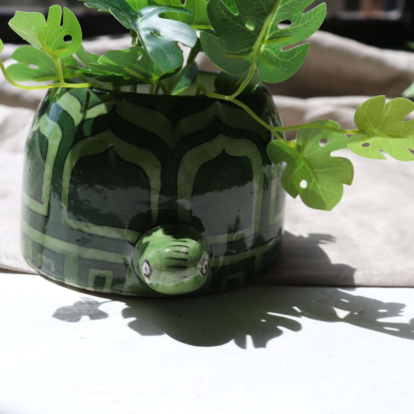 Handmade Pottery Turtle Planter Pot - Green Colour with Drainage - Aksa Home Decor