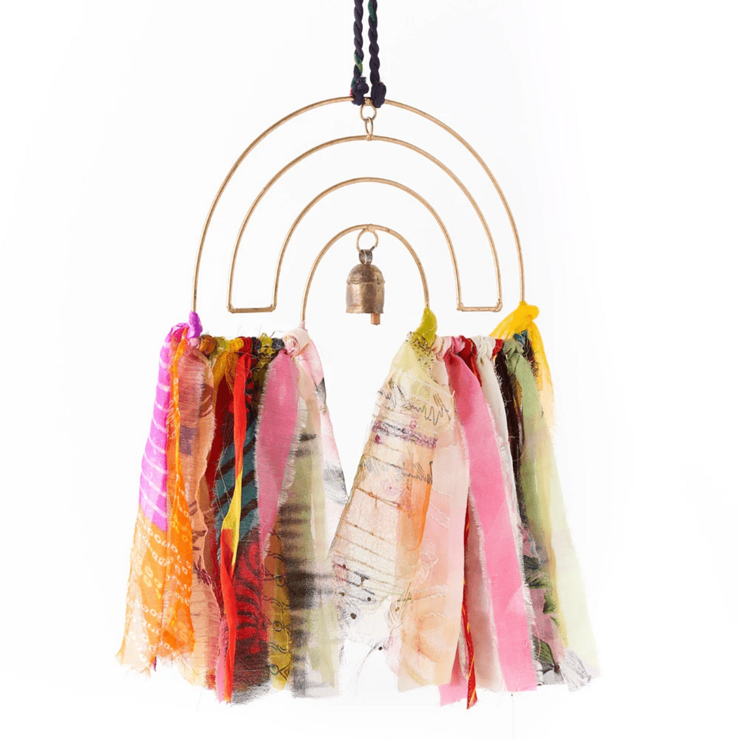 Handmade Rainbow Chime 15" - Upcycled Textile & Metal, Home Wall Decor - Aksa Home Decor