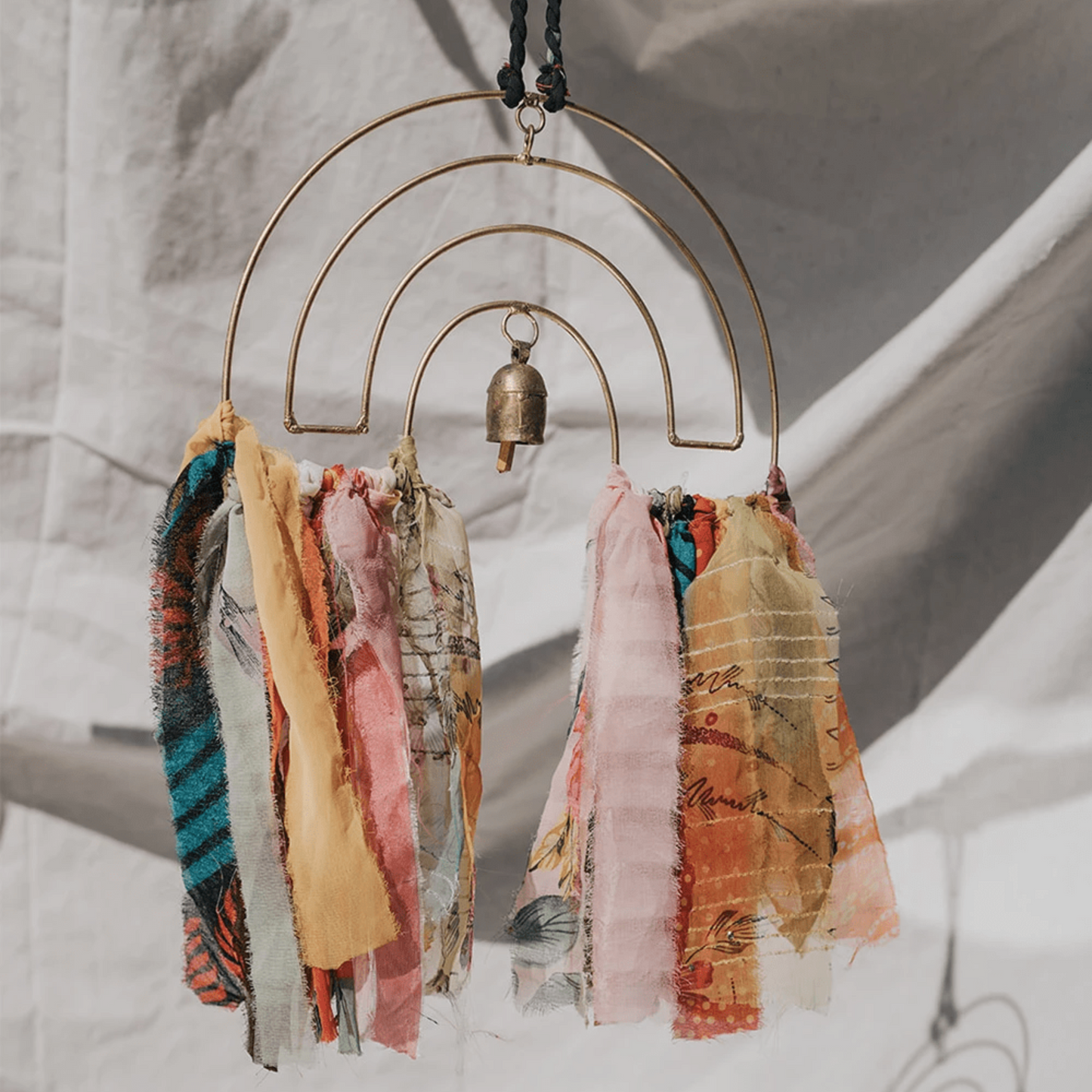 Handmade Rainbow Chime 15" - Upcycled Textile & Metal, Home Wall Decor - Aksa Home Decor
