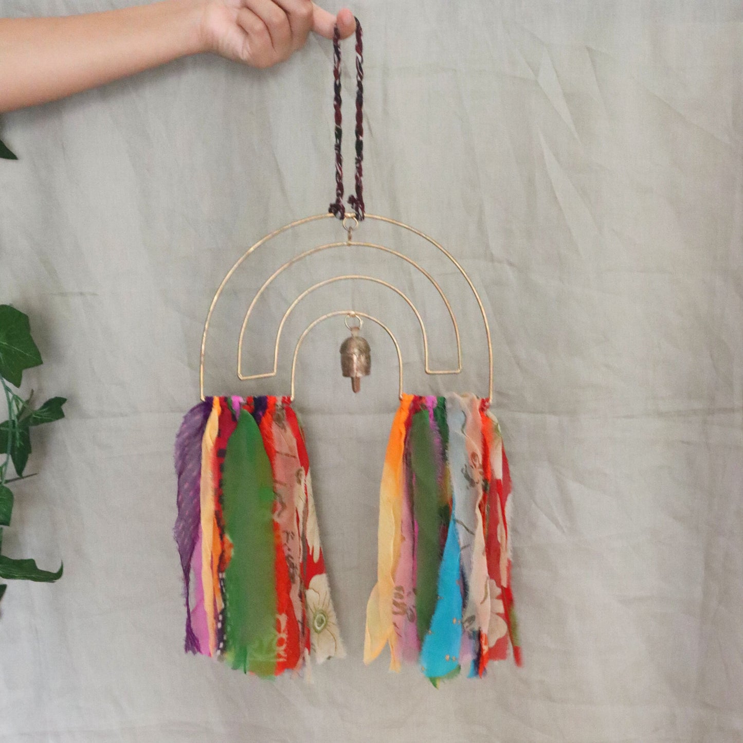 Handmade Rainbow Chime 15" - Upcycled Textile & Metal, Home Wall Decor - Aksa Home Decor