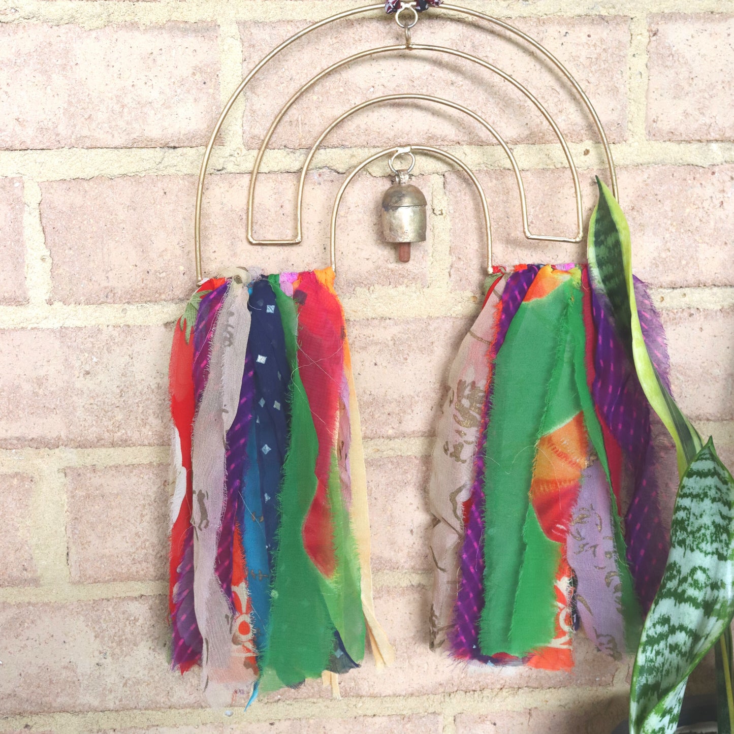 Handmade Rainbow Chime 15" - Upcycled Textile & Metal, Home Wall Decor - Aksa Home Decor