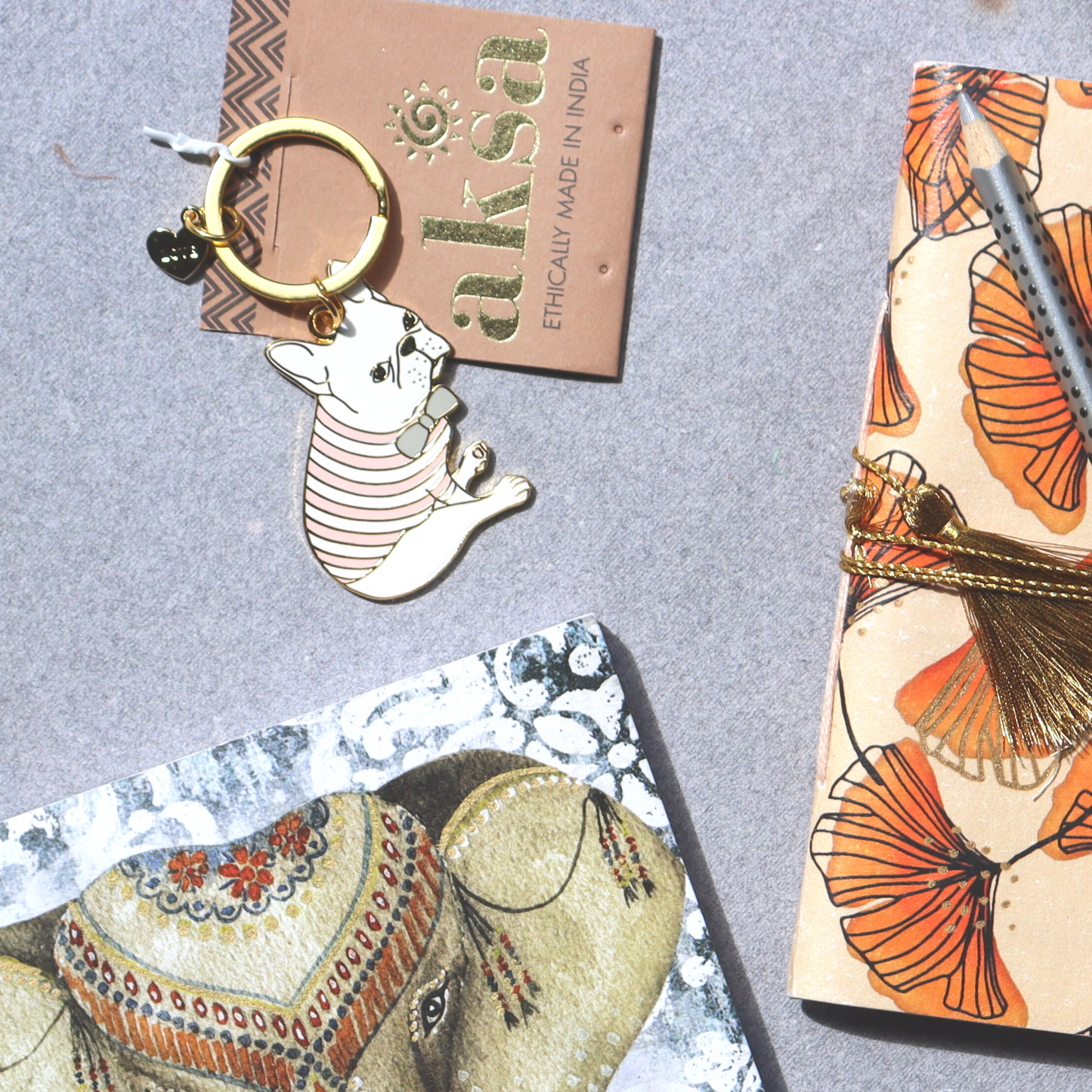 French Bulldog & Love Heart Keychain - Enamel Keyring, Quirky, Pink Striped Tee Frenchie with Bow - Aksa Home Decor