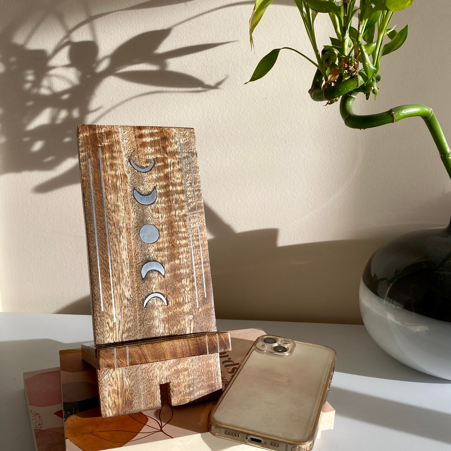 Moon Phase Phone Stand - Wood Charging Station, Collapsible Desk Dock - Aksa Home Decor