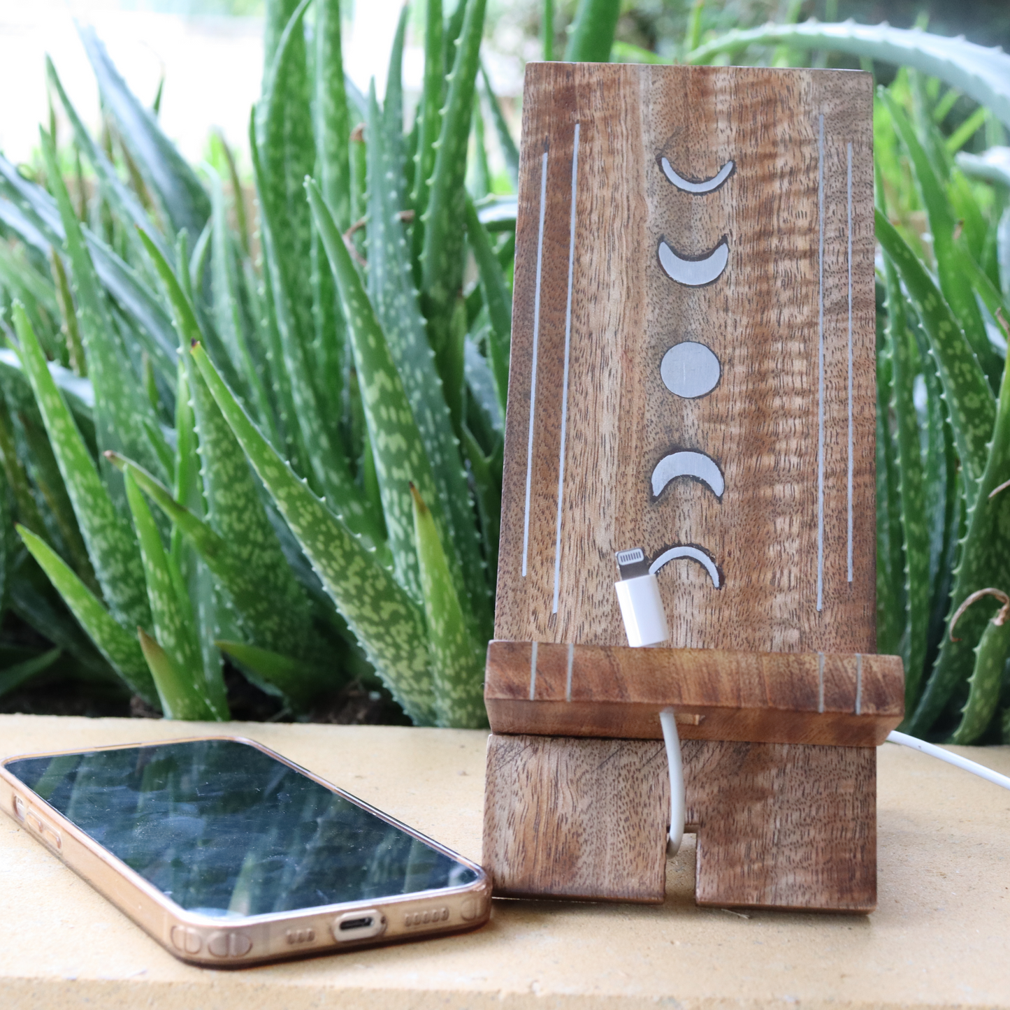 Moon Phase Phone Stand - Wood Charging Station, Collapsible Desk Dock - Aksa Home Decor
