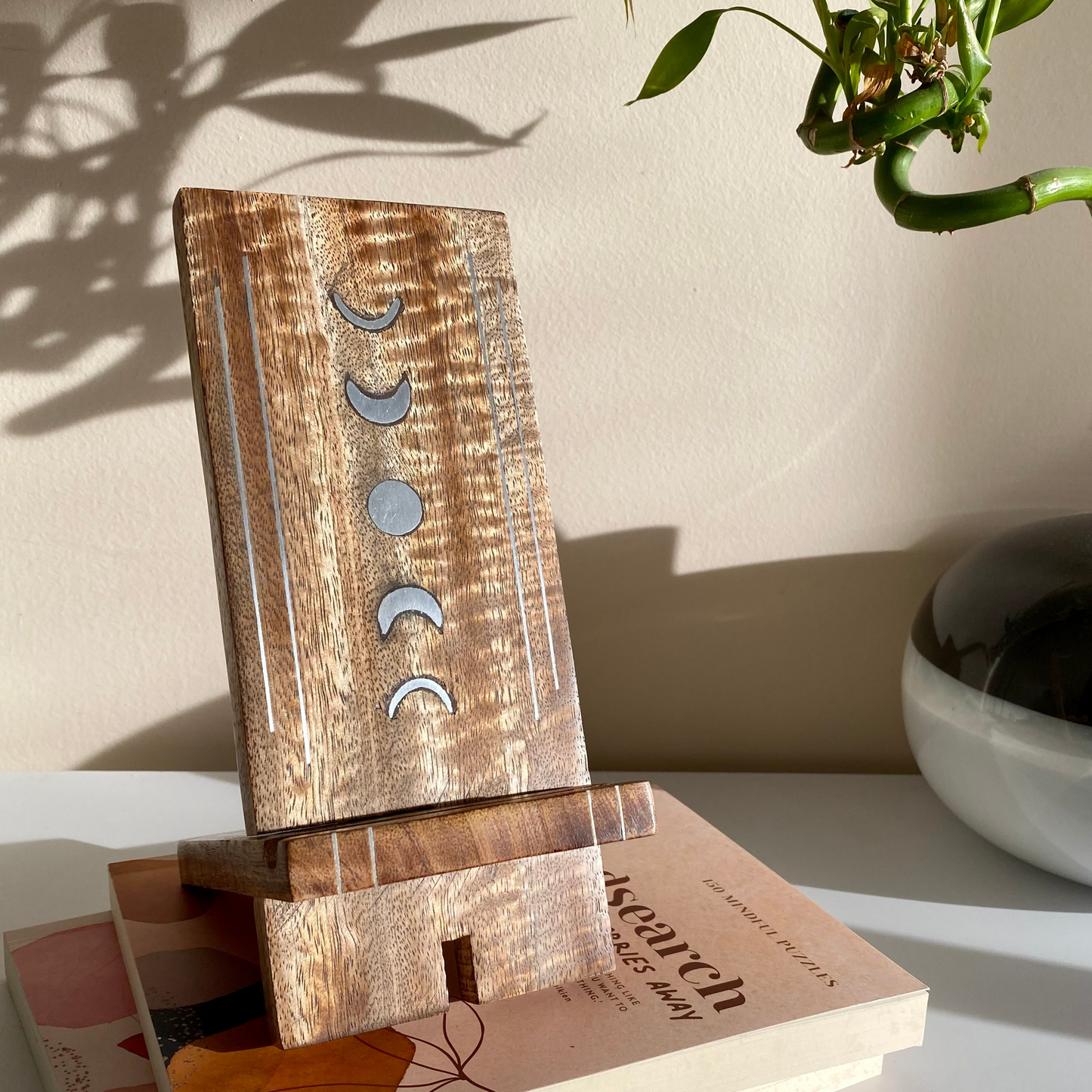 Moon Phase Phone Stand - Wood Charging Station, Collapsible Desk Dock - Aksa Home Decor