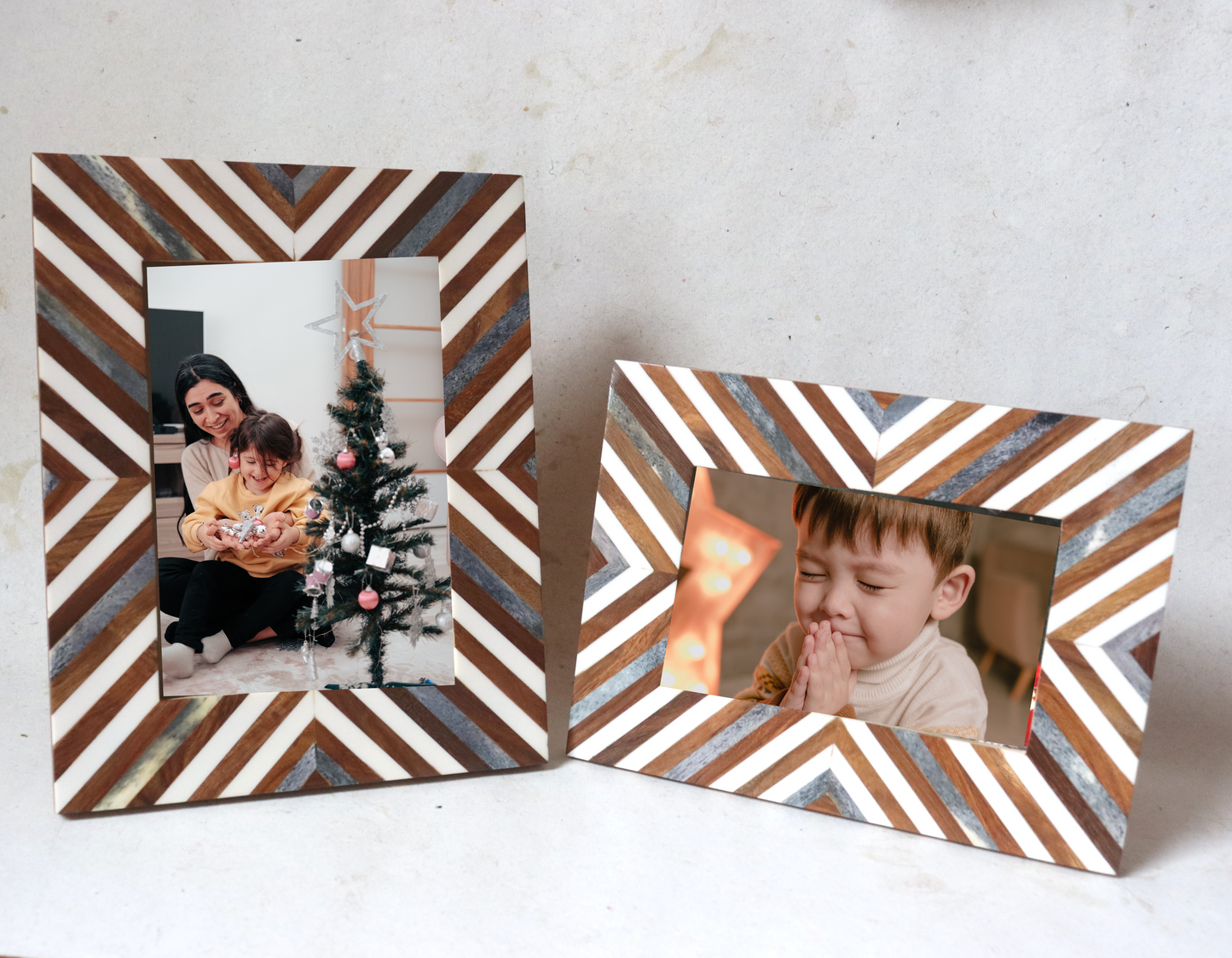 Chevron Recycled Photo Frame - 4x6 Picture, Grey, White and Brown, Nandi - Aksa Home Decor