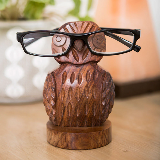 Owl Bird Eyeglasses Stand - Wood, Hand Carved Nocturnal Eyewear Holder - Aksa Home Decor