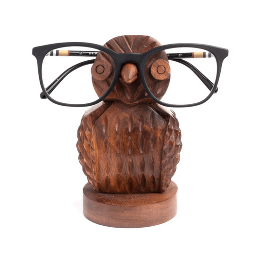 Owl Bird Eyeglasses Stand - Wood, Hand Carved Nocturnal Eyewear Holder - Aksa Home Decor