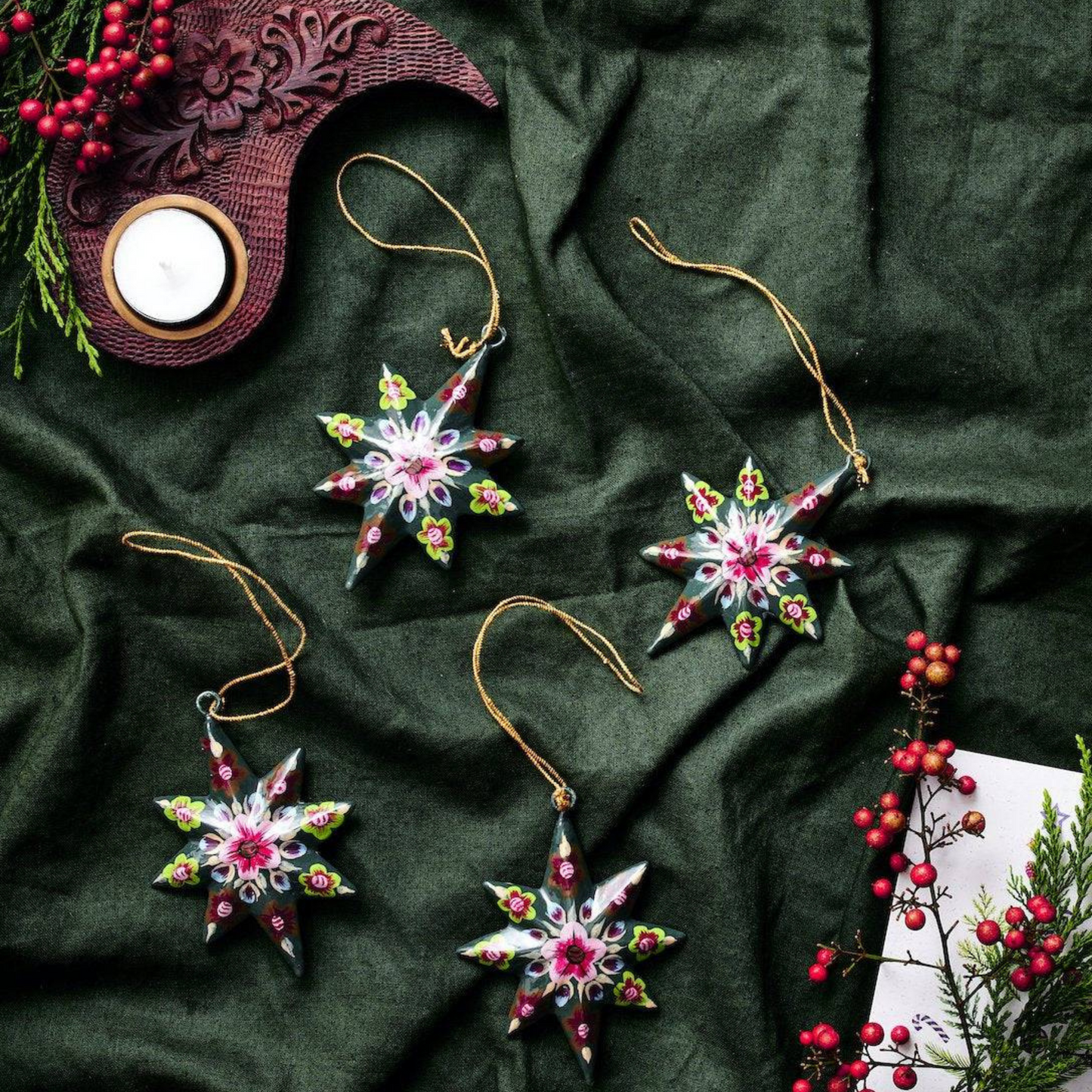 Paper Mache Stars - Xmas Decorative Ornament (Set of 4), Hand-painted - Aksa Home Decor