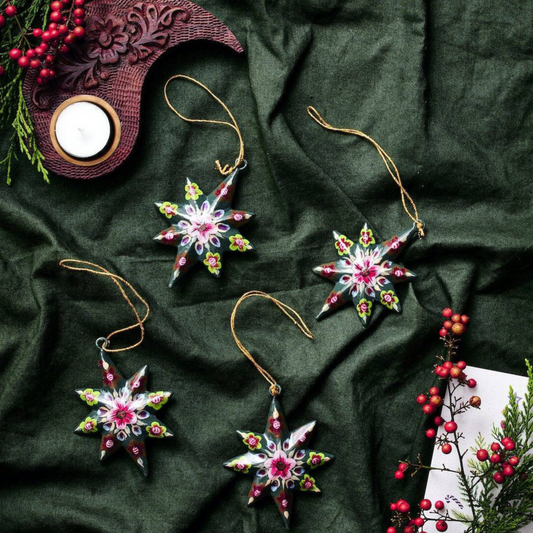 Paper Mache Stars - Xmas Decorative Ornament (Set of 4), Hand-painted - Aksa Home Decor