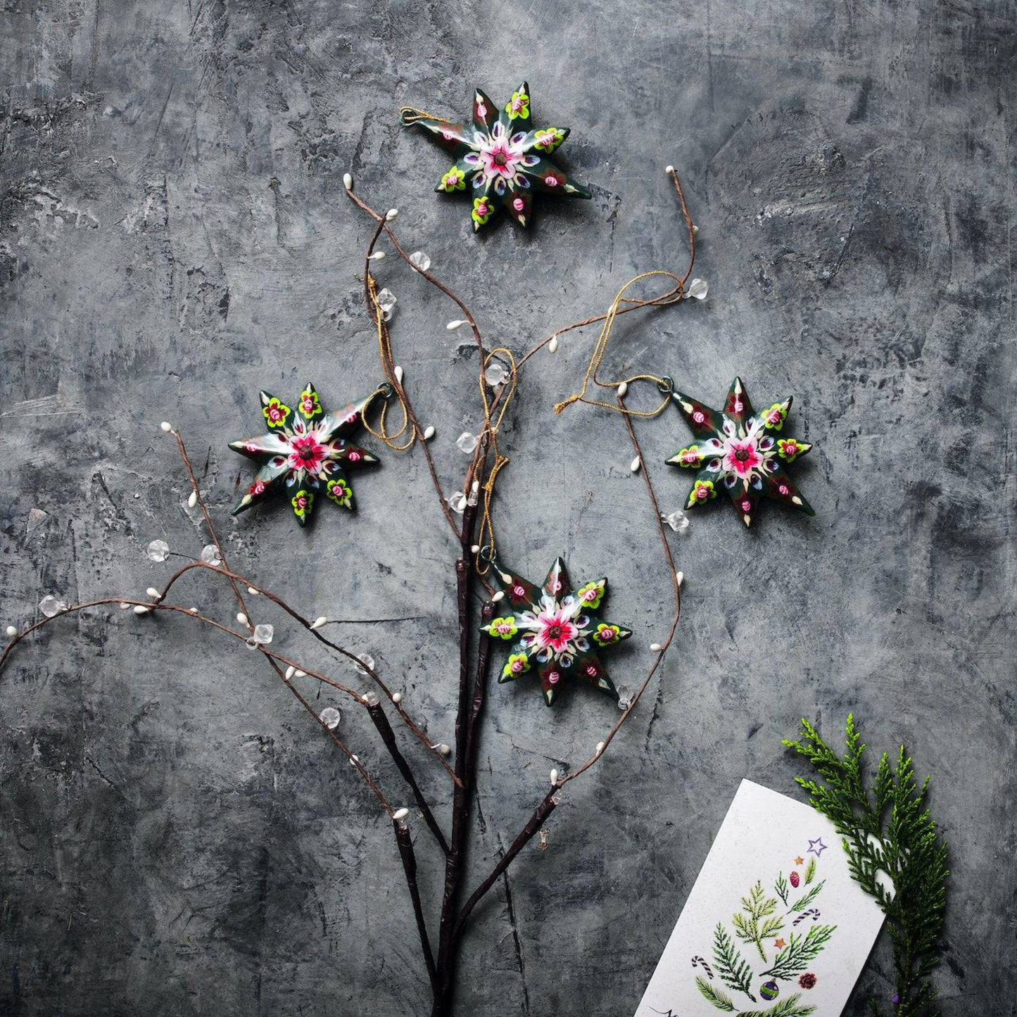 Paper Mache Stars - Xmas Decorative Ornament (Set of 4), Hand-painted - Aksa Home Decor