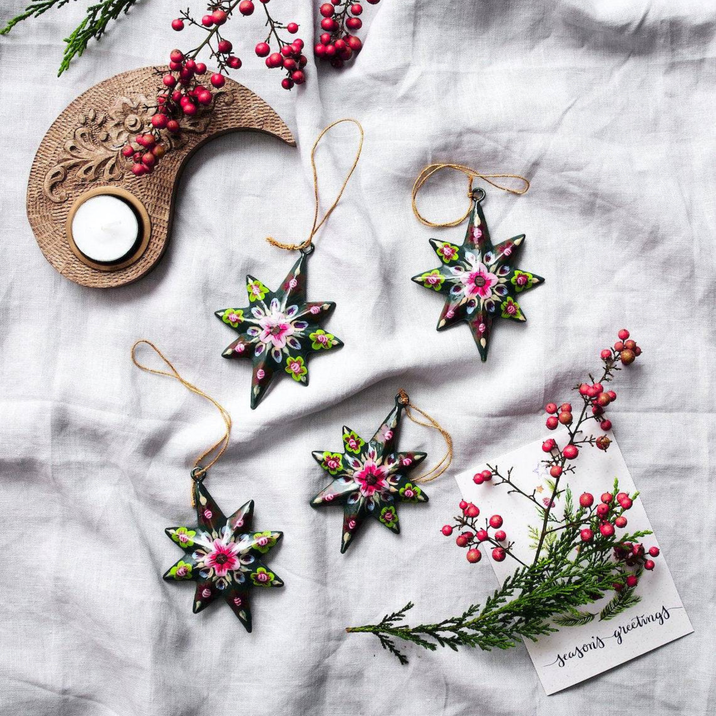 Paper Mache Stars - Xmas Decorative Ornament (Set of 4), Hand-painted - Aksa Home Decor