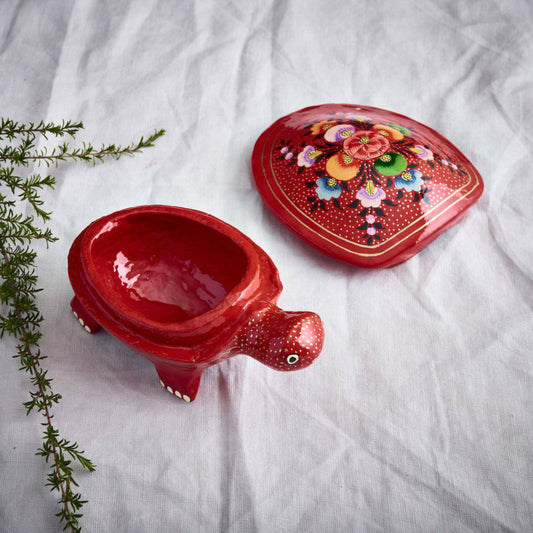 Paper Mache Tortoise Floral Storage Box - Red, Decorative Container - Aksa Home Decor 