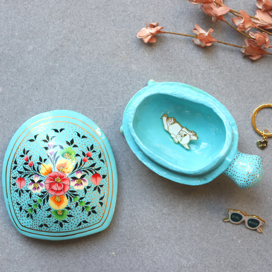 Paper Mache Tortoise Keepsake Box- Blue,Trinket,Bits & Bobs Box,Floral - Aksa Home Decor