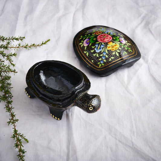 Paper Mache Tortoise Storage Box with Lid - Black, Handpainted, Floral - Aksa Home Decor