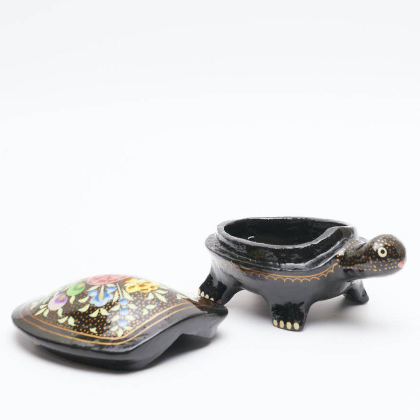 Paper Mache Tortoise Storage Box with Lid - Black, Handpainted, Floral - Aksa Home Decor