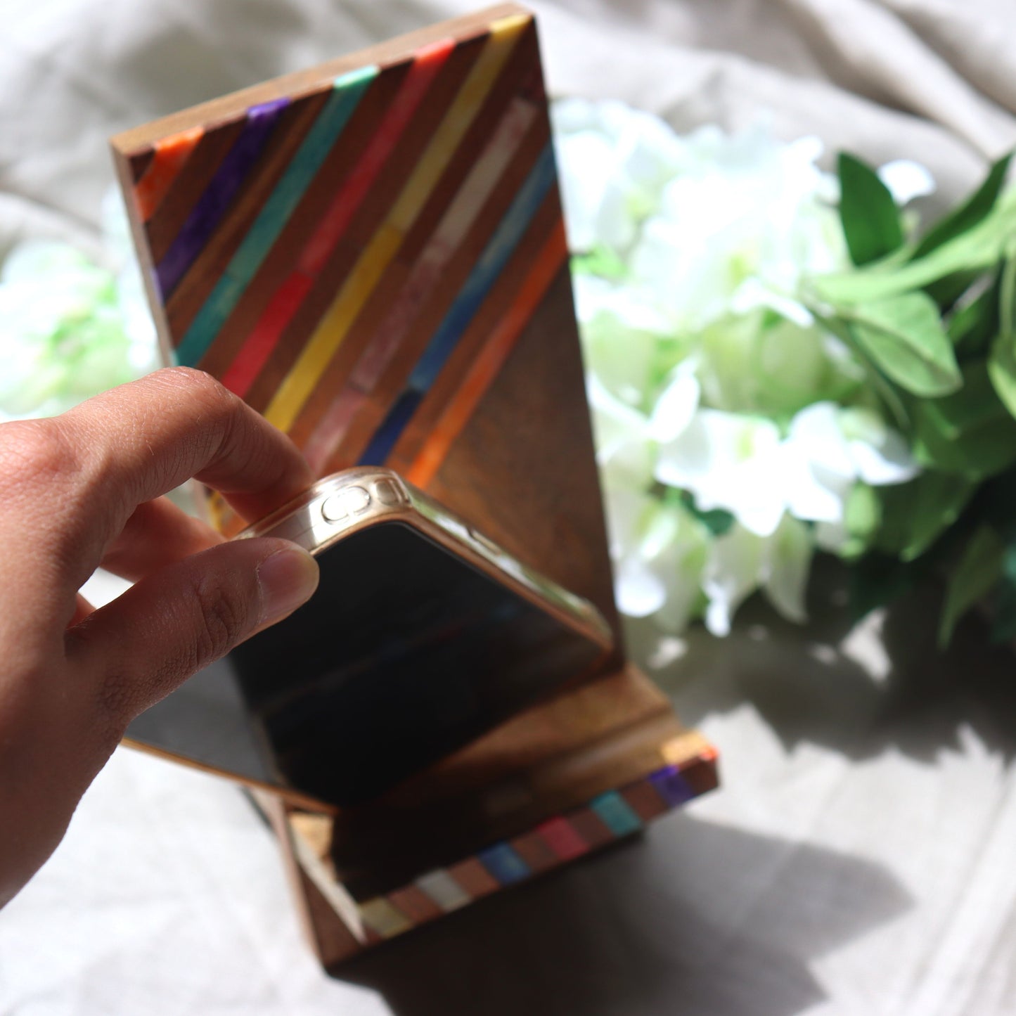 Rainbow Phone Dock Stand - Diagonal Lines, Multicoloured, Collapsible, Indradhanush - Aksa Home Decor