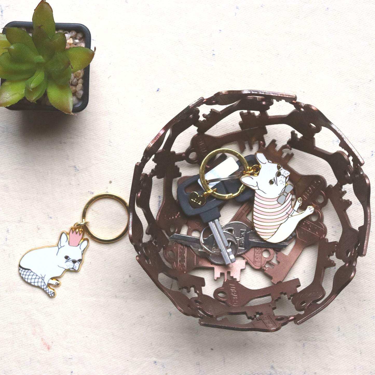 Frenchie Dog Keychain - Enamel Keyring, Pink Crown Dog with Fishnet Tights - Aksa Home Decor